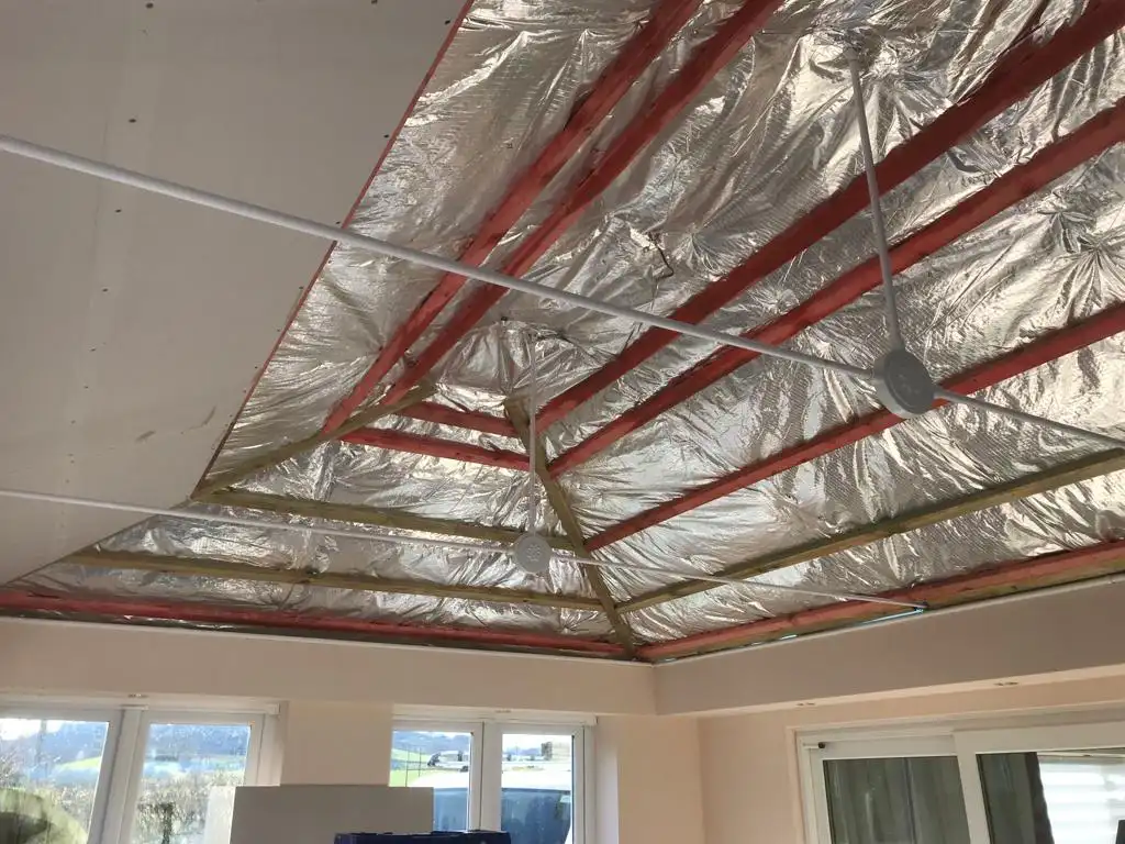 Sunroom Insulation Install in Progress showing thermal poil and plasterboard
